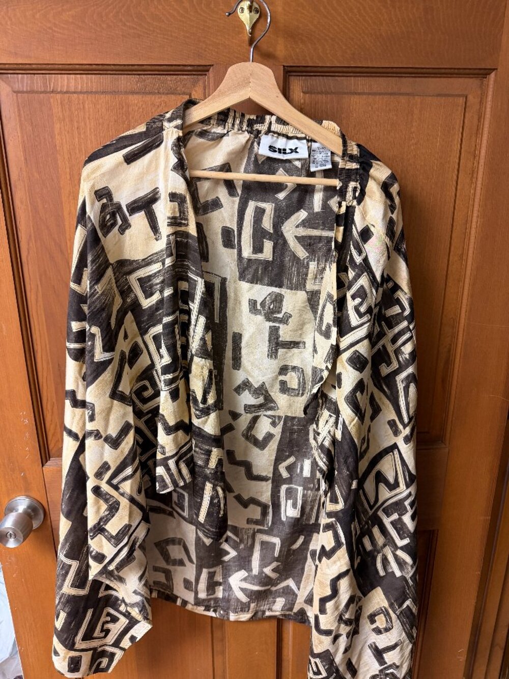 SILX Women's Silk Brown GEO Print Blouse Size 10 In Great Shape!!